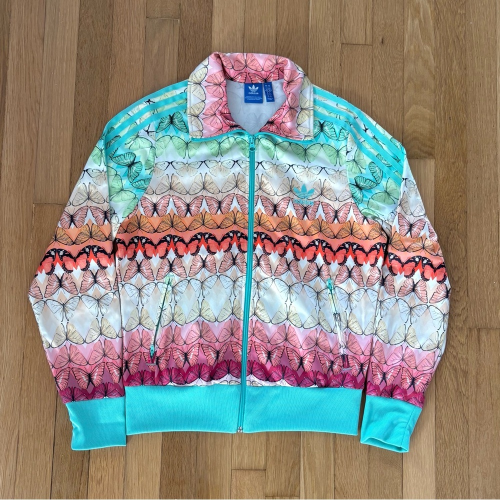 adidas Multicolor Butterfly Stripe Bomber Jacket with Aqua Trim